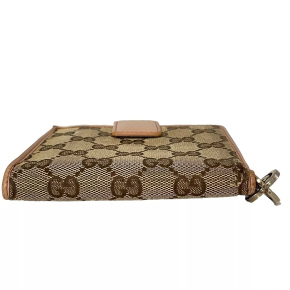 Unique GUCCI GG Bi-Fold Wallet Pink Leather & Tan Canvas w/Box GLOBE ZIPPER PULL - Picture 7 of 16